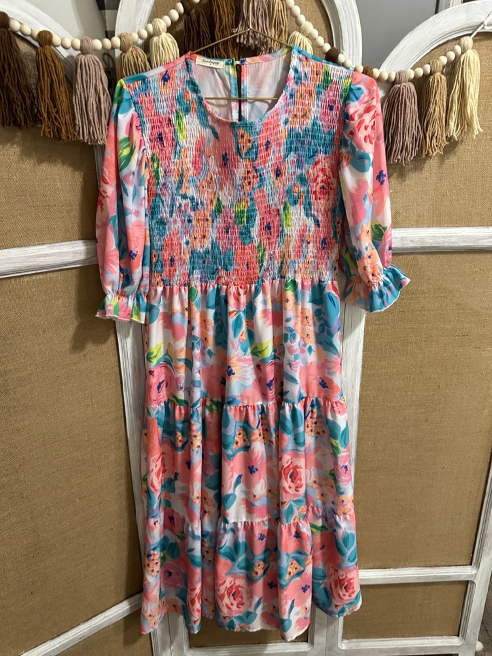 Sunday Floral Smocked Tiered Dress - Pink & Teal